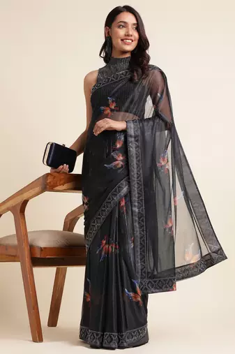 Coffee Digital Print::Embellished::Embroidered Lycra Blend Bollywood Saree With Blouse