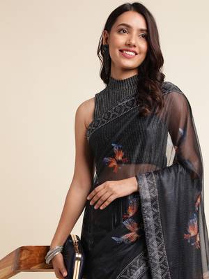 Coffee Digital Print::Embellished::Embroidered Lycra Blend Bollywood Saree With Blouse 5