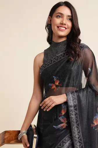 Coffee Digital Print::Embellished::Embroidered Lycra Blend Bollywood Saree With Blouse