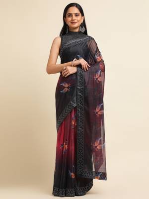 Red Digital Print::Embellished::Embroidered Lycra Blend Bollywood Saree With Blouse 1