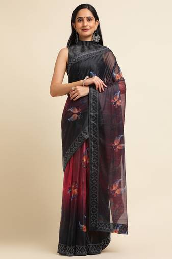 Red Digital Print::Embellished::Embroidered Lycra Blend Bollywood Saree With Blouse