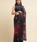 Red Digital Print::Embellished::Embroidered Lycra Blend Bollywood Saree With Blouse