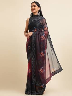 Red Digital Print::Embellished::Embroidered Lycra Blend Bollywood Saree With Blouse 2