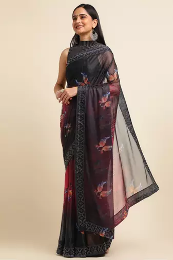 Red Digital Print::Embellished::Embroidered Lycra Blend Bollywood Saree With Blouse