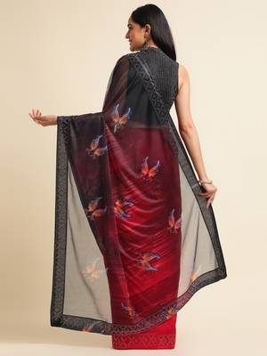Red Digital Print::Embellished::Embroidered Lycra Blend Bollywood Saree With Blouse 3