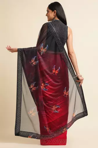 Red Digital Print::Embellished::Embroidered Lycra Blend Bollywood Saree With Blouse