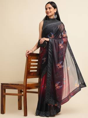 Red Digital Print::Embellished::Embroidered Lycra Blend Bollywood Saree With Blouse 4