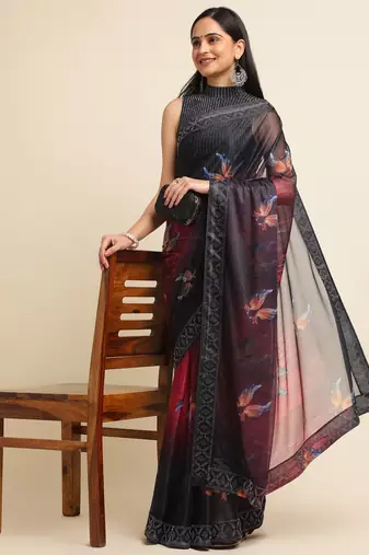 Red Digital Print::Embellished::Embroidered Lycra Blend Bollywood Saree With Blouse