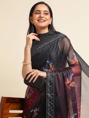 Red Digital Print::Embellished::Embroidered Lycra Blend Bollywood Saree With Blouse 5