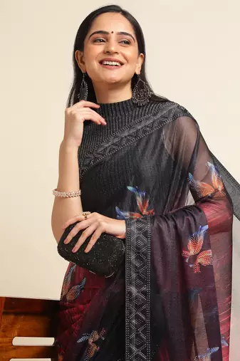 Red Digital Print::Embellished::Embroidered Lycra Blend Bollywood Saree With Blouse