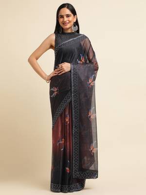 Orange Digital Print::Embellished::Embroidered Lycra Blend Bollywood Saree With Blouse 1
