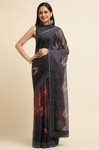Orange Digital Print::Embellished::Embroidered Lycra Blend Bollywood Saree With Blouse