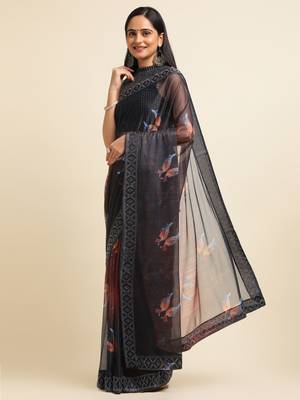 Orange Digital Print::Embellished::Embroidered Lycra Blend Bollywood Saree With Blouse 2