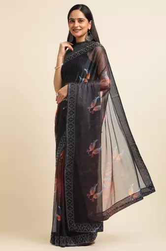 Orange Digital Print::Embellished::Embroidered Lycra Blend Bollywood Saree With Blouse