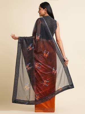 Orange Digital Print::Embellished::Embroidered Lycra Blend Bollywood Saree With Blouse 3