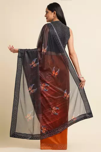 Orange Digital Print::Embellished::Embroidered Lycra Blend Bollywood Saree With Blouse
