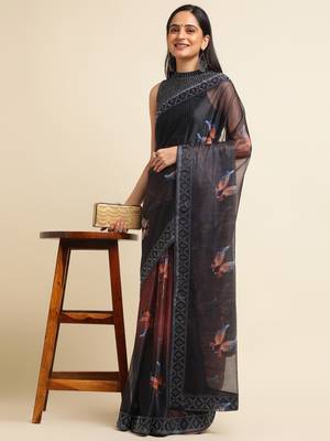 Orange Digital Print::Embellished::Embroidered Lycra Blend Bollywood Saree With Blouse 4