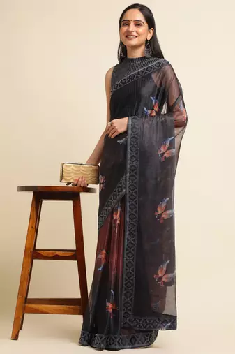 Orange Digital Print::Embellished::Embroidered Lycra Blend Bollywood Saree With Blouse