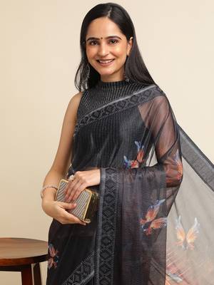 Orange Digital Print::Embellished::Embroidered Lycra Blend Bollywood Saree With Blouse 5