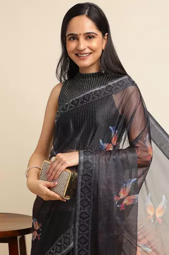 Orange Digital Print::Embellished::Embroidered Lycra Blend Bollywood Saree With Blouse