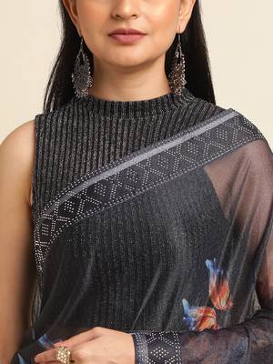 Orange Digital Print::Embellished::Embroidered Lycra Blend Bollywood Saree With Blouse 6