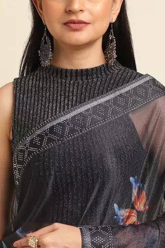 Orange Digital Print::Embellished::Embroidered Lycra Blend Bollywood Saree With Blouse