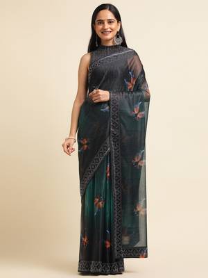 Green Digital Print::Embellished::Embroidered Lycra Blend Bollywood Saree With Blouse 1