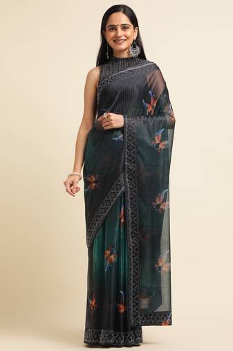 Green Digital Print::Embellished::Embroidered Lycra Blend Bollywood Saree With Blouse