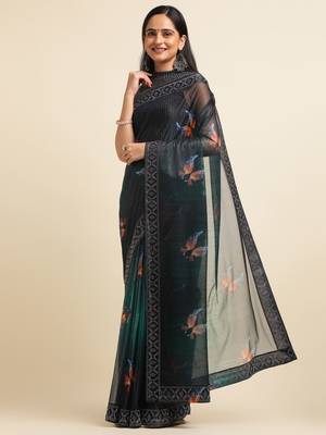Green Digital Print::Embellished::Embroidered Lycra Blend Bollywood Saree With Blouse 2
