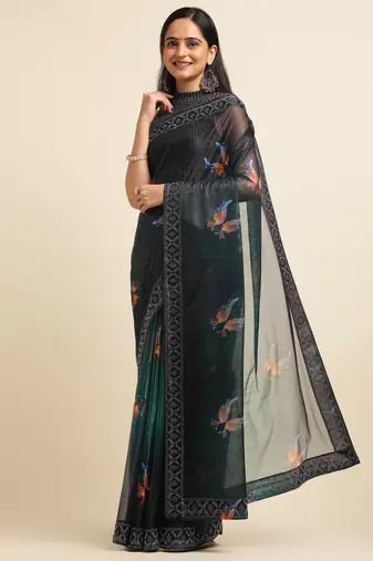 Green Digital Print::Embellished::Embroidered Lycra Blend Bollywood Saree With Blouse