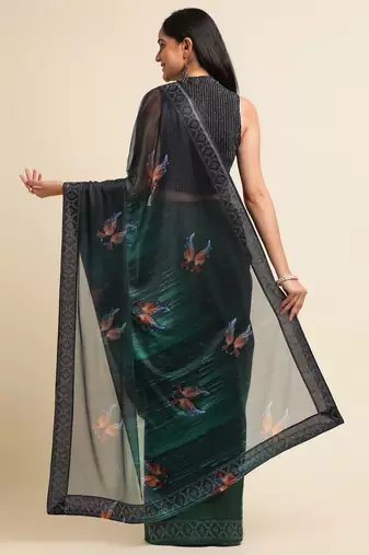 Green Digital Print::Embellished::Embroidered Lycra Blend Bollywood Saree With Blouse