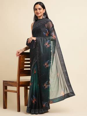 Green Digital Print::Embellished::Embroidered Lycra Blend Bollywood Saree With Blouse 4
