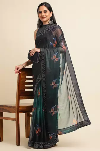 Green Digital Print::Embellished::Embroidered Lycra Blend Bollywood Saree With Blouse