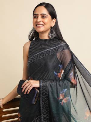 Green Digital Print::Embellished::Embroidered Lycra Blend Bollywood Saree With Blouse 5