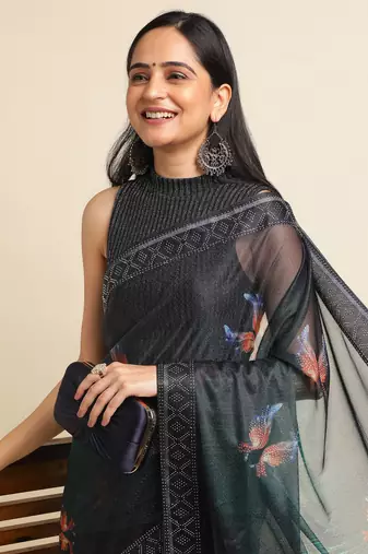 Green Digital Print::Embellished::Embroidered Lycra Blend Bollywood Saree With Blouse