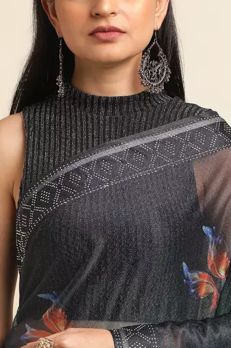 Green Digital Print::Embellished::Embroidered Lycra Blend Bollywood Saree With Blouse