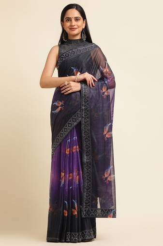 Purple Digital Print::Embellished::Embroidered Lycra Blend Bollywood Saree With Blouse