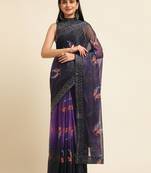 Purple Digital Print::Embellished::Embroidered Lycra Blend Bollywood Saree With Blouse