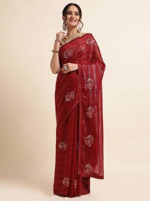 Maroon Embellished::Embroidered Chiffon Bollywood Saree With Blouse 1
