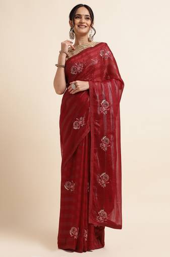 Maroon Embellished::Embroidered Chiffon Bollywood Saree With Blouse
