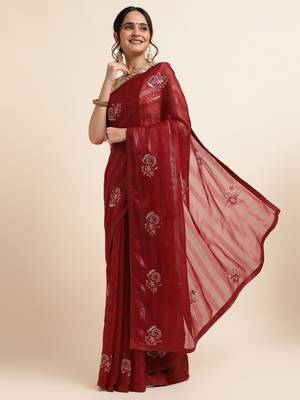 Maroon Embellished::Embroidered Chiffon Bollywood Saree With Blouse 2