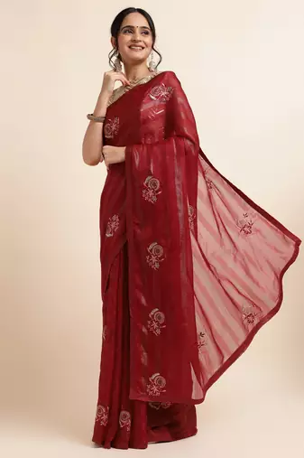 Maroon Embellished::Embroidered Chiffon Bollywood Saree With Blouse