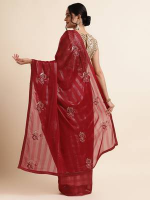 Maroon Embellished::Embroidered Chiffon Bollywood Saree With Blouse 3