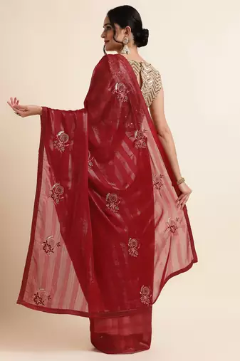 Maroon Embellished::Embroidered Chiffon Bollywood Saree With Blouse