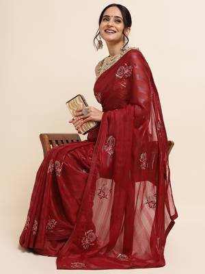 Maroon Embellished::Embroidered Chiffon Bollywood Saree With Blouse 4