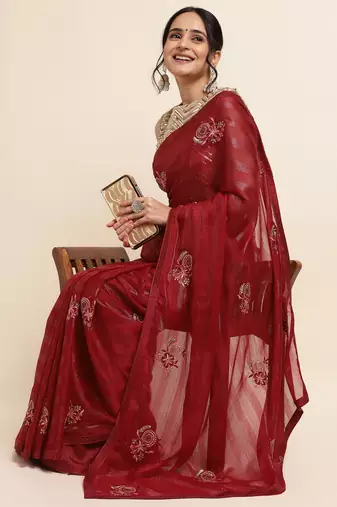 Maroon Embellished::Embroidered Chiffon Bollywood Saree With Blouse