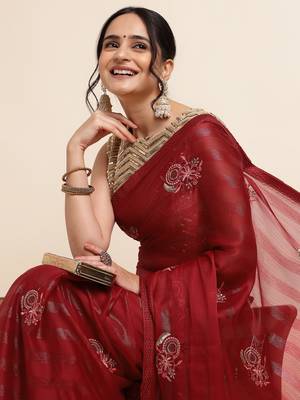 Maroon Embellished::Embroidered Chiffon Bollywood Saree With Blouse 5