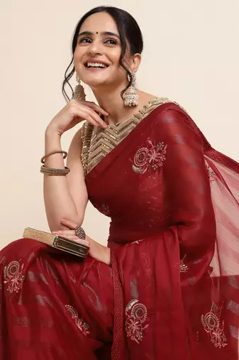 Maroon Embellished::Embroidered Chiffon Bollywood Saree With Blouse