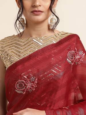 Maroon Embellished::Embroidered Chiffon Bollywood Saree With Blouse 6