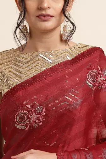 Maroon Embellished::Embroidered Chiffon Bollywood Saree With Blouse